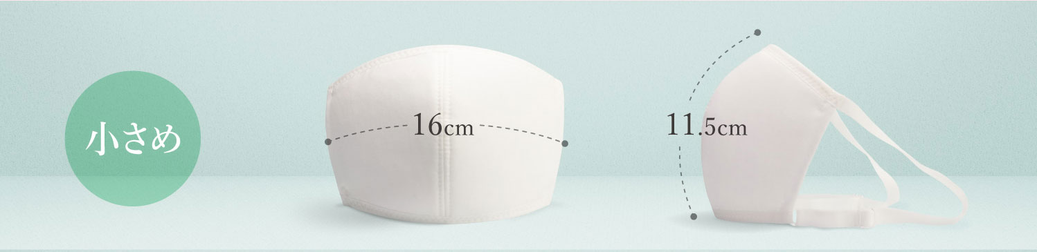 タテ(中心部分、鼻からあご・マスク表面のカーブに沿った長さ)11.5cm±1cmヨコ(中央部分)(マスク中心部分の表面のカーブに沿った長さ)16cm±1cm